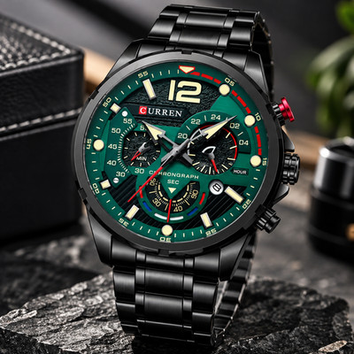 Herrenuhr Curren Chronograph Quarz grünes Zifferblatt Stahl schwarz 47mm 3ATM
