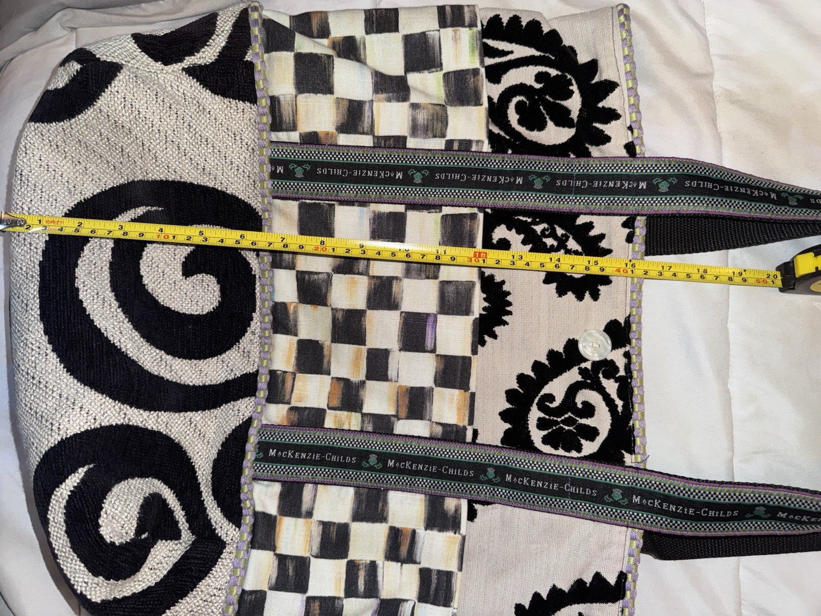 VTG MacKenzie-Childs Women's Large Tote Bag Checkered Swirl Button Black Cream image 7