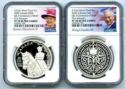 2026 CANADA GREAT BRITAIN QEII CENTENARY NGC PF70 2-COIN SET FIRST RELEASES OGP