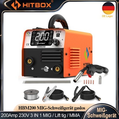 HITBOX 3in1 MIG-Schweißgerät Ohne Gas 200A 220V DC MMA Lift TIG Schweißmaschine