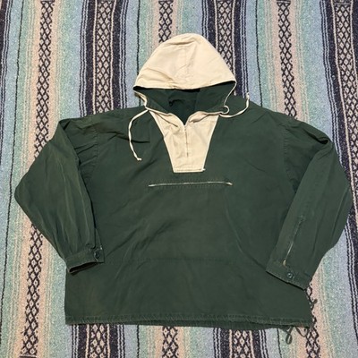 Vintage 80s J.Crew Anorak Jacket Mens XL Green Cream Cotton