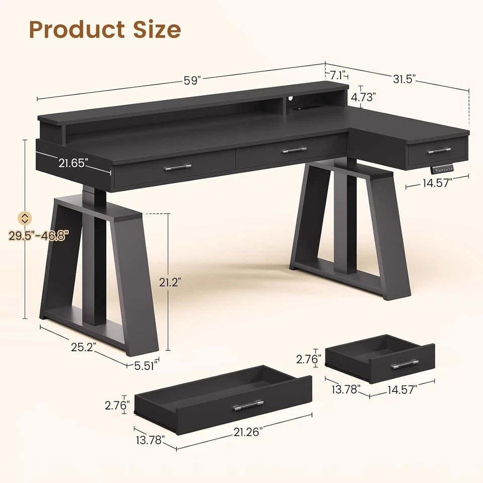 59" L Shaped Electric Standing Desk with Drawers, Adjustable Executive Desk - Image 2 of 4