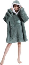 Wearable Kids Blanket Hoodie, Oversized Hooded for Girls Dark Green