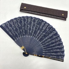 Auth CELINE Triomphe Hardware Monogram Folding Fan Navy w/ Box 2Y5146
