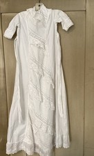 Heirloom Antique Christening Gown White Cotton Embroidered Eyelet Trim Pintucks