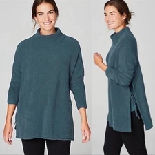 Pure Jill Mock Neck Sweater Wool Blend Tie Sides Blue Green Tunic