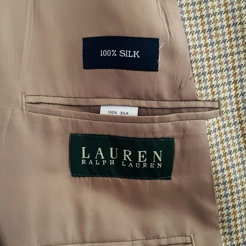 Lauren Ralph Lauren Two Button Silk Blazer Jacket Beige Herringbone Size 44S - Foto 3 di 13