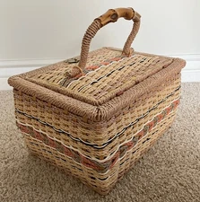 JC Penney VTG Wicker Sewing Notions Case Box Storage Basket MCM Satin Tray Japan