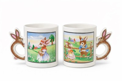 Vintage Easter Bunny Rabbit Handle Coffee Mugs Set of 2 Spring Folk Art