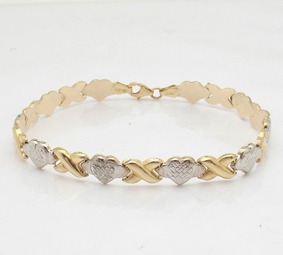 7.25'' Diamond Cut Hearts & Kisses Bracelet  REAL 10K Yellow White TwoTone Gold