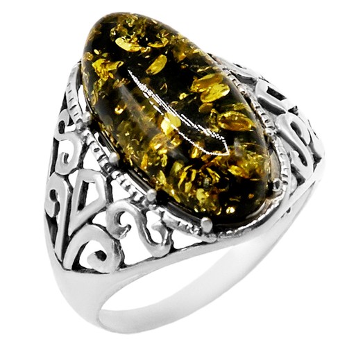 925 Solid Pure Sterling Silver Green Baltic Amber Oval Designer Classic Ring - Picture 1 of 6