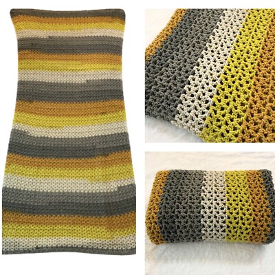 Vintage Hand Crafted Yellow Gray Striped Crochet Afghan Throw