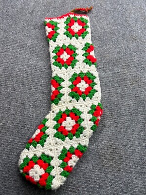 Vintage 70s Crochet Christmas Stocking Granny Square Handmade Red Green White