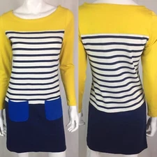 $138 Boden Women's 2 Yellow Navy White Stripe Colorblock Mini Sheath Shirt Dress