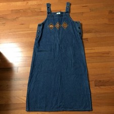 Women's Denim Overall Jumper Dress Size M Embroidered Jean Long maxi Southwest