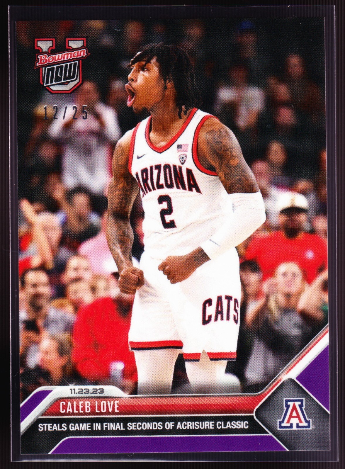 Caleb Love Arizona Cats Beat Michigan State 2023 Bowman U Now #8 Purple 12/25