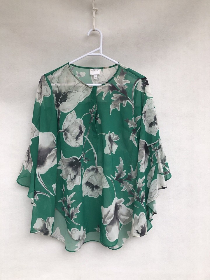 /🎈 WITCHERY green Floral Ruffle Sleeve Blouse Shirt Tee 10 S