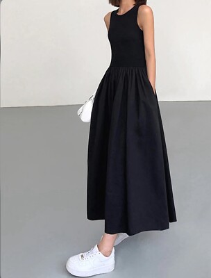 Commense Women's Leisure Crew Neck Maxi Dress Casual Sleeveless Black Sz XL  | eBay