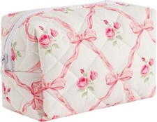 Small Quilted Cotton Makeup bag, Cute Floral Cosmetic 02Pink Bows