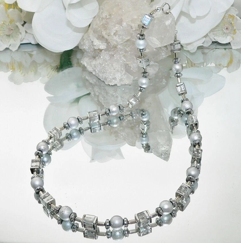 Halskette Würfelkette Cube Würfel Hämatit Perlen Glas silber Modeschmuck  494c - Bild 2 von 4