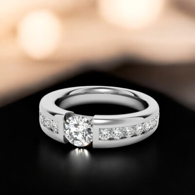 18K White Gold Ct Round Diamond Mens Wedding Ring