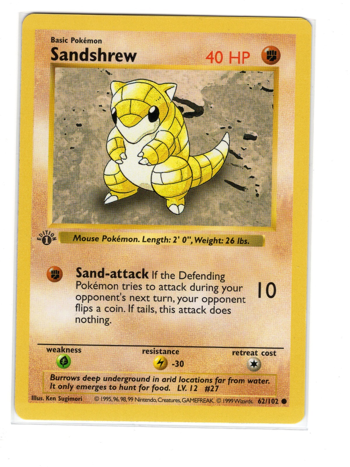 1999 Pokemon Sandshrew 1st Edition 62/102 card Near Mint