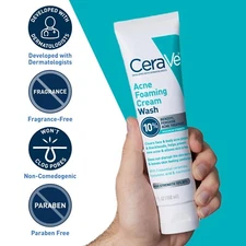 Cerave Acne Foaming Cream Cleanser, 10% Benzoyl Peroxide Face Wash /5oz