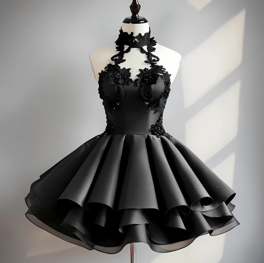 Gothic Black Wedding Dresses Short High Neck Sleeveless Vintage Bridal Gowns - Image 2 of 4