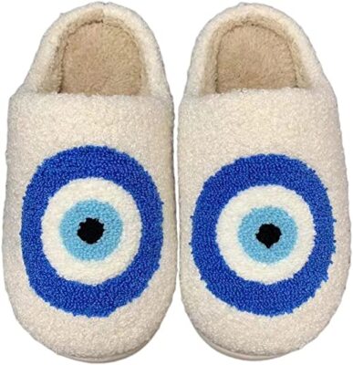 Evil Eye Happy Face Slippers Warm Cozy Comfy Plush Teddy