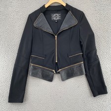Shinestar Jacket Womens Medium Black Ponte Moto Zippers Pu Faux Leather Stretch