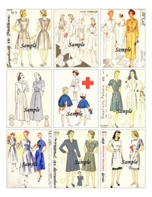 Vintage Sewing Pattern Theme Nurse Dress Uniform 9 x Gift Tag Card Topper - image 1 of 3