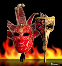 Lot 2 VTG Venetian Jester & Long Nose Masquerade Carnival Renaissance Mask Italy