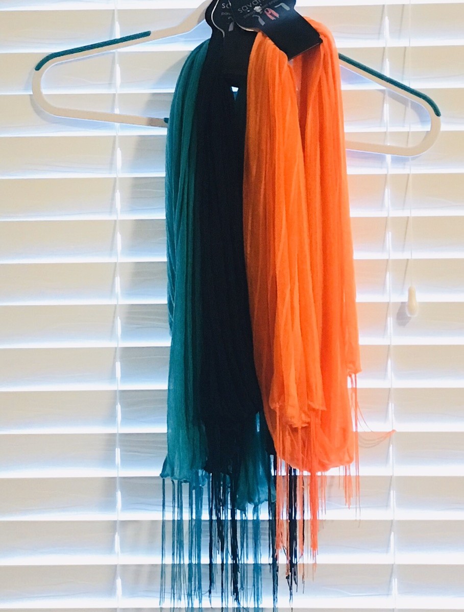 Lightweight Scarves. Set Of Three. Orange, Black And Dark Green