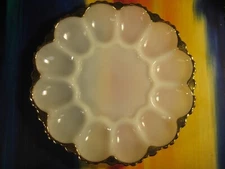 Milk Glass 12 Hard-Boiled Deviled Egg Platter Serving Tray Plate w Gold Leaf Rim