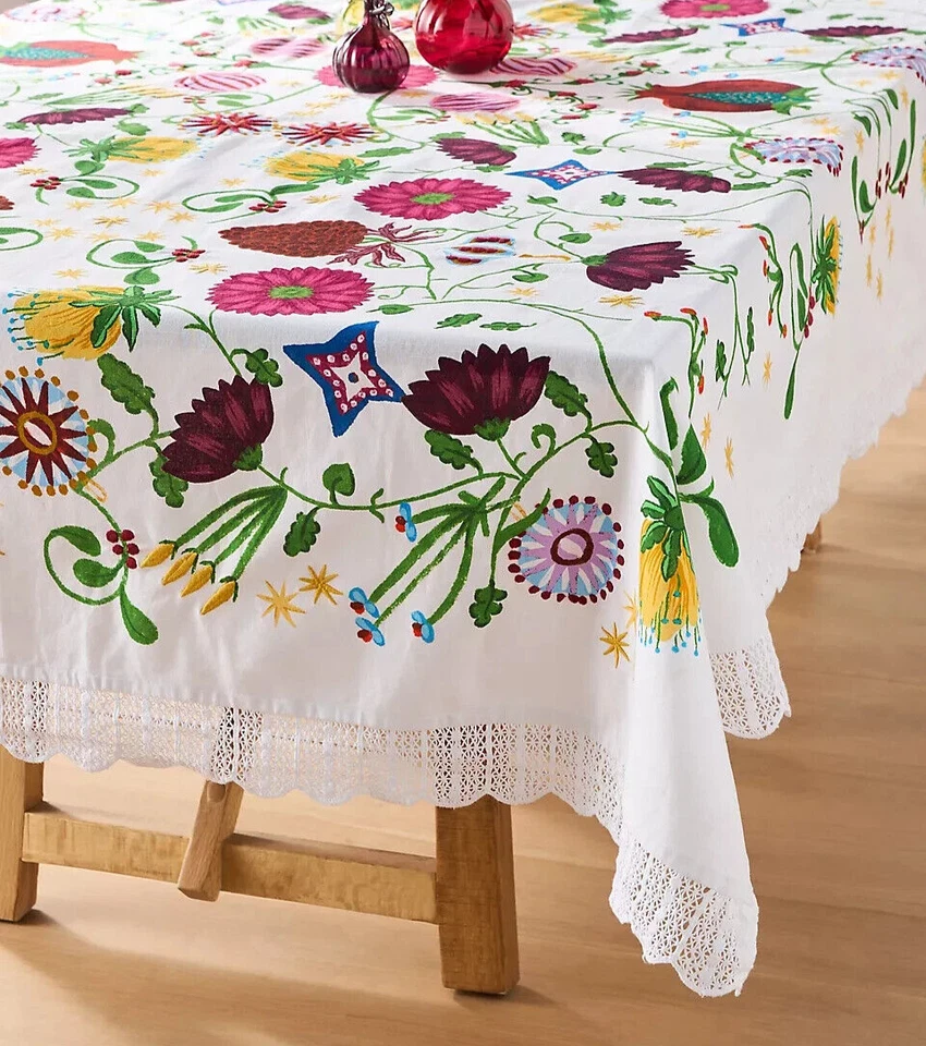 Anthropologie Cassiopeia Cotton Tablecloth Embroidered Accents Lace Floral NEW - Image 2 of 3