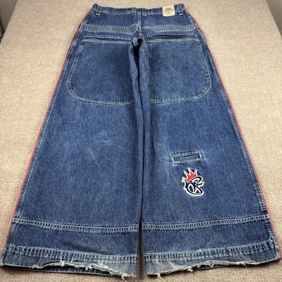 Vintage JNCO Jeans Mens 34x32 Blue Wide Leg Baggy Denim Red Piping