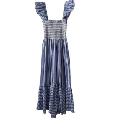 NWT Karlie Blue Yellow Stripe Smocked Ruffle Strap Poplin Maxi Dress in Size L