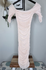 HOUSE OF CB MIDI Dress Light Pink Ruched Off Shoulder Mesh Zip Short Sleeve S
