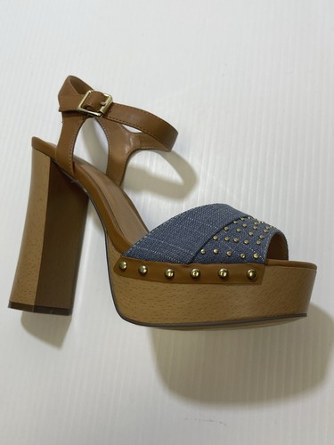 Report Woman’s Natural Blue Studded High Heel Wedge Open Toe Sandal Shoes 8