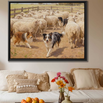 #ad Rural Oil Painting Dog Herding Art Collie Canvas Print Farmhouse Wall Decor $211.11