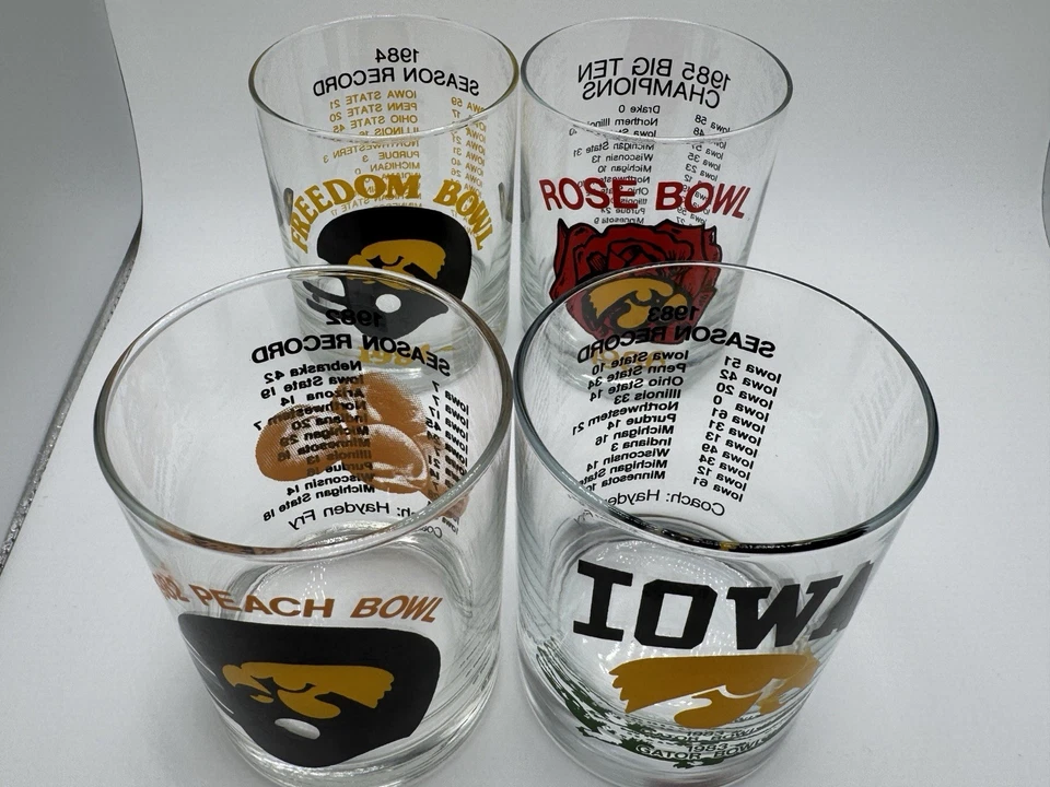 Iowa Hawkeyes Peach Gator Freedom Rose Bowl ~ 4" vaso de whisky lote años 80 Foto 2 de 4