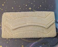 VTG Ivory Beaded Evening Bag Clutch Satin Lining Formal 8" Made in Japan