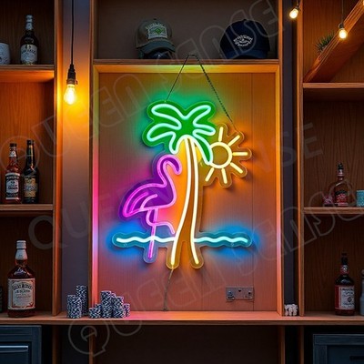 16''x13'' Flamingo Sun Palm Tree LED Neon Sign With Dimmer USB Powered Light DF
