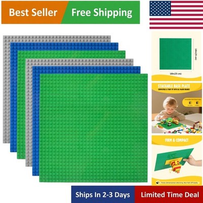 6 Pack 10'' x 10'' Classic Baseplates for Kids - Safe & Compatible Building Fun