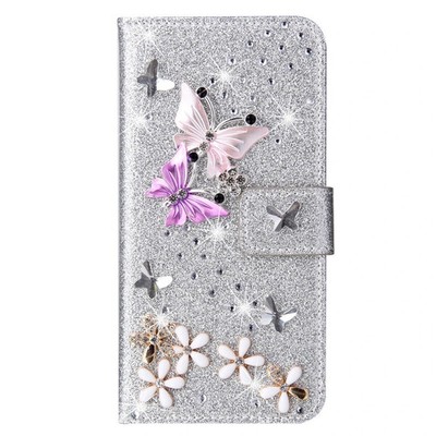 Für iPhone 16 15 14 13 12 Pro Max Schmetterling Leder Wallet Bling Glitzer Hülle