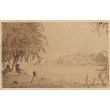 Bruno Goldschmitt Untersee Bodensee Radierung Landschaft Wanderer 1900-1905