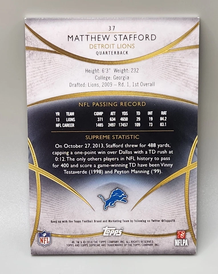 2014 Topps Supreme Matthew Stafford Violet /99 Detroit Lions - Image 2 of 2