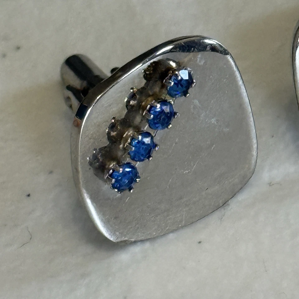 Gemelos con piedras de zafiro plata pulida cuadrada vintage Foto 2 de 4