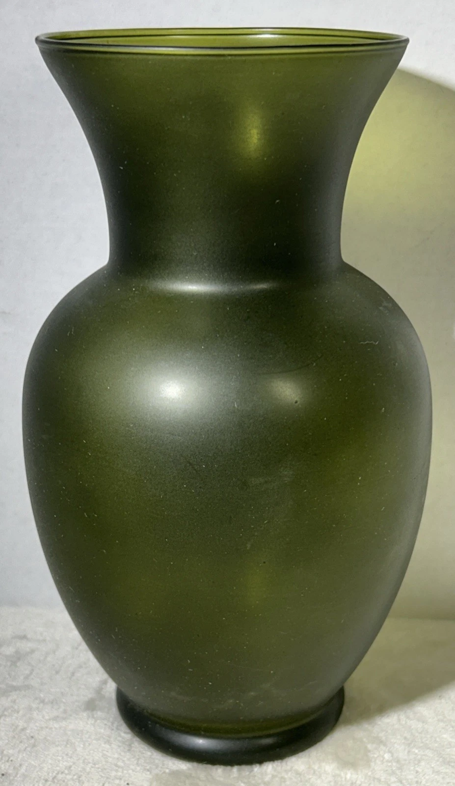 Vintage Olive Green Frosted Matte Glass Vase 8.75” Tall MCM Decorative