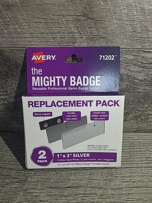 The Mighty Badge by Avery, 1  x 3 , Silver, 2 Reusable Name Tags